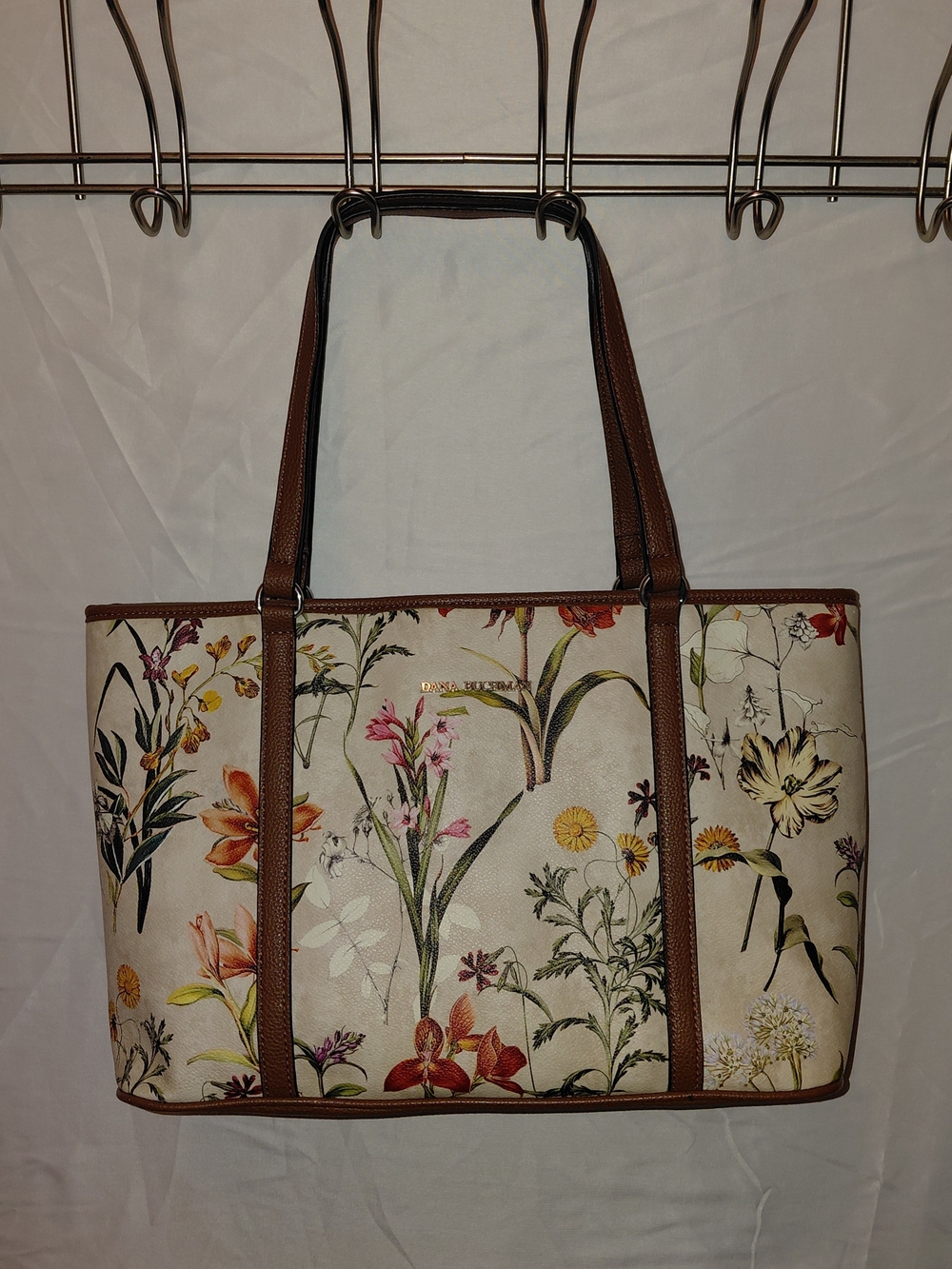Dana Buchman Floral Tote Bag - Cream with Brown Trim